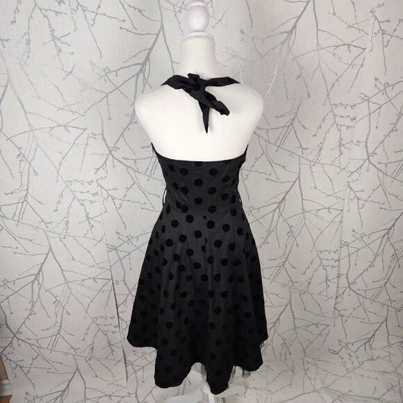 Hearts & Roses Black Velvet Polkadot Fit & Flare Halter Dress - Picture 4 of 7